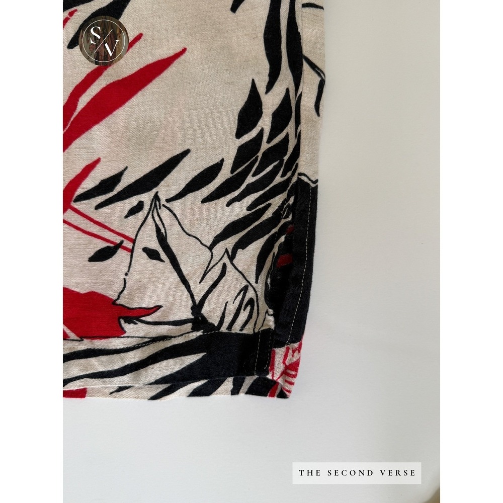 VTG Tropical Palm Print Linen Pants Red Black Cream Wide Leg Pull On Drawstring - Picture 7 of 10